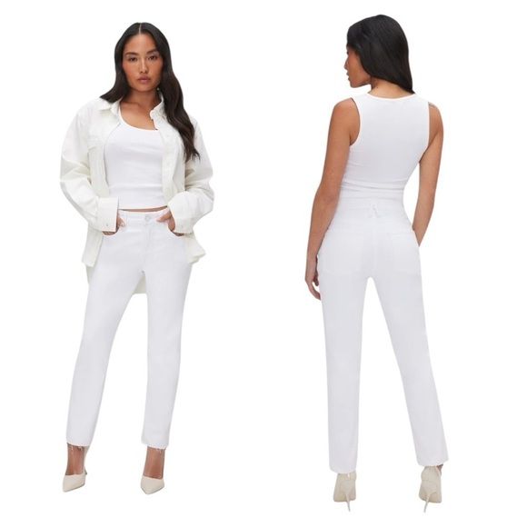 Good American White Denim Jeans High Waisted Straight Legs Raw Hem Size 8 - Picture 7 of 13